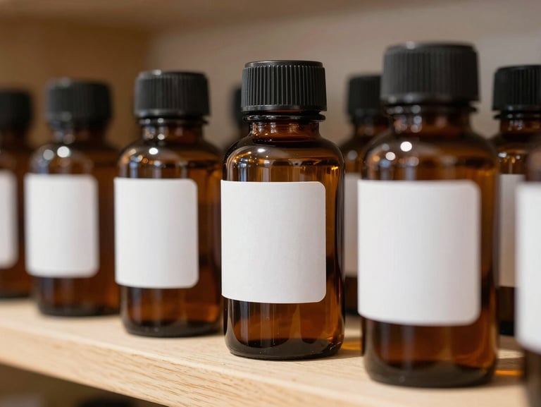 Macro photograph of clean amber glass apothecary jars with minimalist white labels sitting on a light wood shelf, soft natural side lighting.