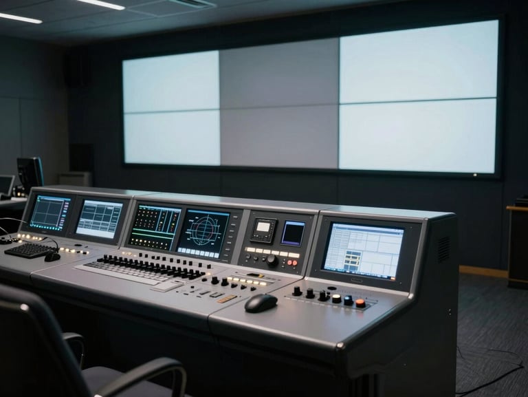Cinematic wide-angle shot of a dark broadcast control room, glowing silver monitoring screens, technical audio consoles in sharp focus, cool silver highlights, deep shadows.