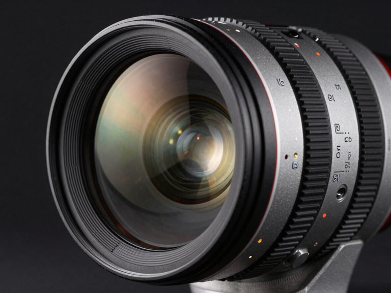 Macro close-up of a high-end cinema lens, reflection of studio lighting on glass, dark background, technical silver-gray details.