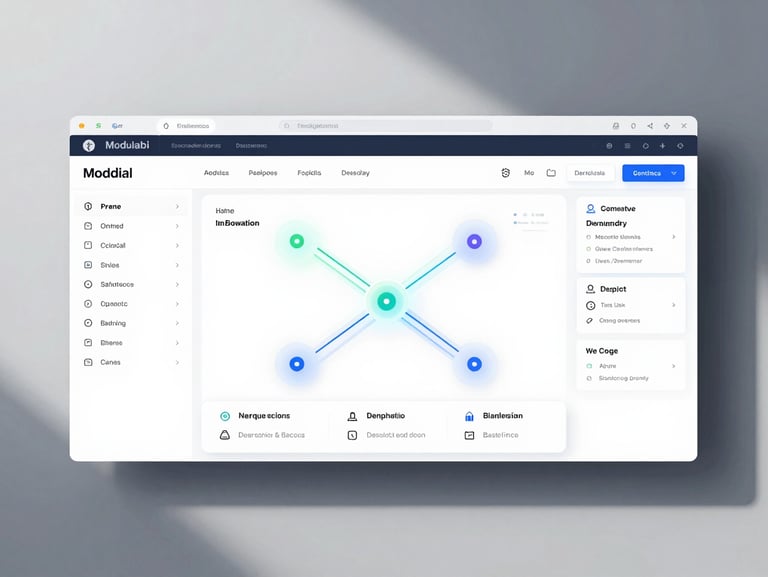 Straight-on flat-lay of a modular SaaS dashboard mockup showing clean node-network connections and glowing data flows, soft shadows, bright studio lighting.