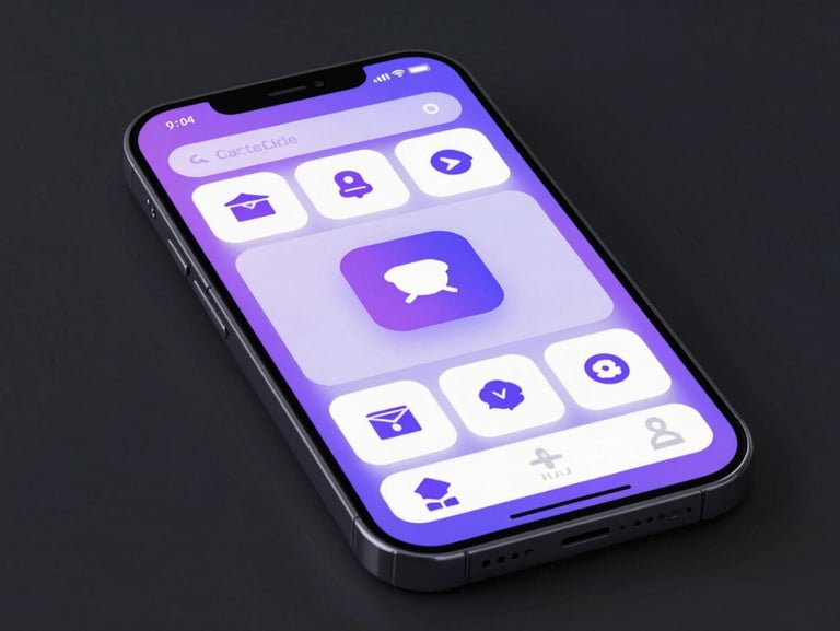 Straight-on view of a modern mobile banking application UI, layered transparency, rounded cards, vibrant purple gradient highlights, clean geometric icons.