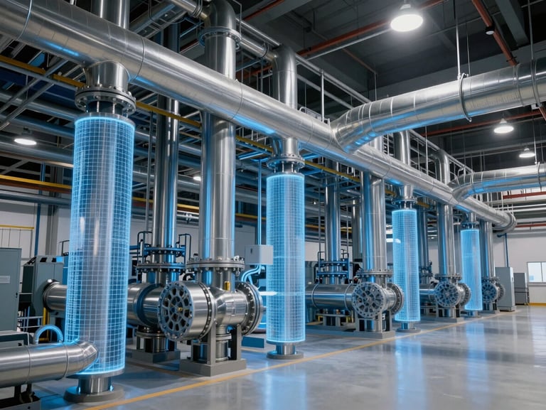 Completed industrial facility interior showing complex piping and HVAC systems, cool-toned studio lighting, sharp focus, 35mm