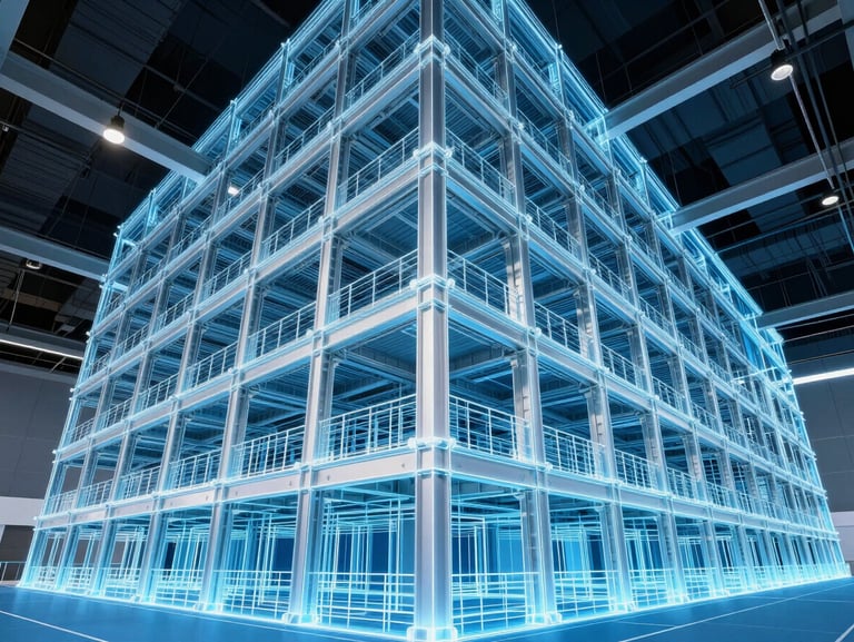 Finished modern commercial building interior showing exposed structural steel and MEP systems matching the digital model, high-contrast lighting