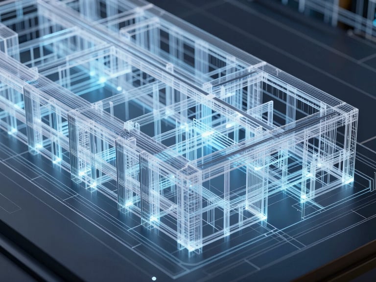 High-resolution screenshot of a complex MEP and structural BIM model, sharp focus, technical wireframe overlays, cool blue lighting