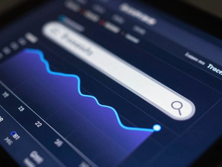 Macro shot of an organic search traffic dashboard showing complex data visualization curves in electric blue and violet, cool-toned low-key lighting, sharp focus.