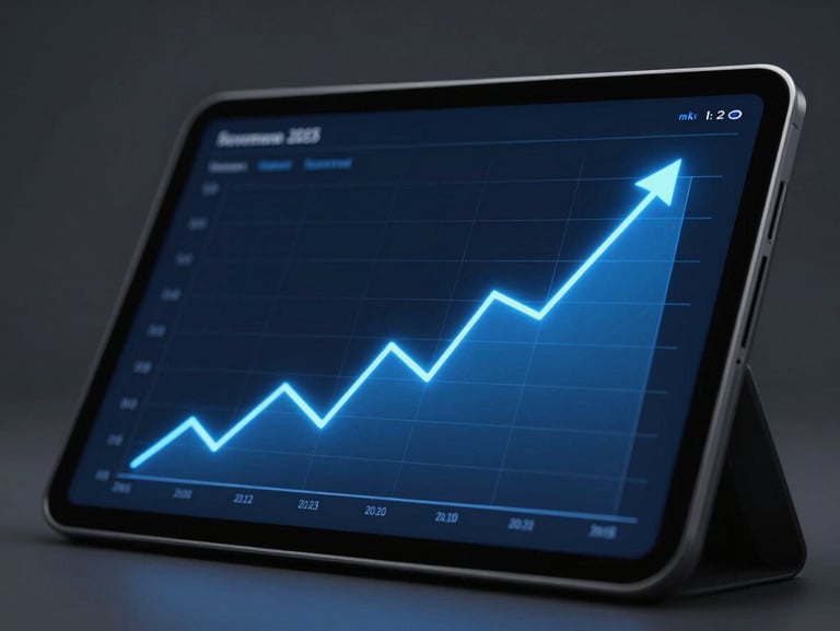 A close-up of a high-density revenue growth chart with an upward electric blue trendline displayed on a sleek tablet screen, cool-toned studio lighting, minimalist dark background.