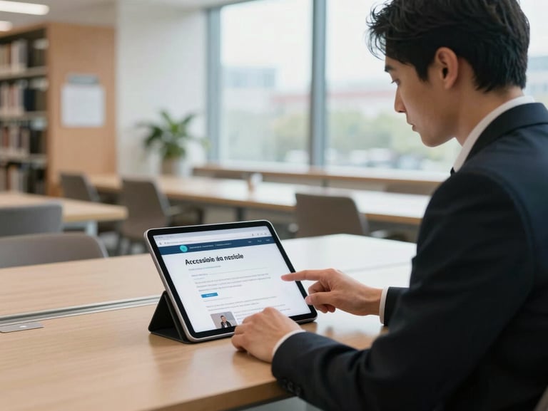 Bright environmental shot of a city clerk reviewing an accessible website on a tablet in a modern public library, natural window light, clean workspace.