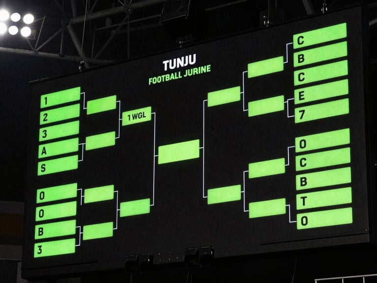 Close-up of a glowing tactical football screen showing simulated tournament brackets and neon green stats, high-contrast dark tones.