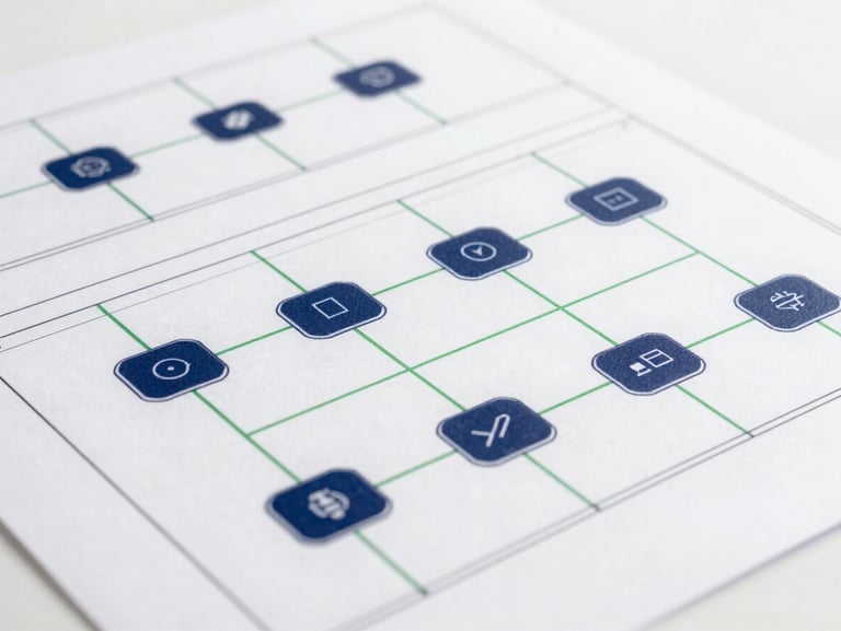 A clean technical blueprint showing modular software architecture, with subtle green lines connecting data nodes, studio lighting, sharp focus