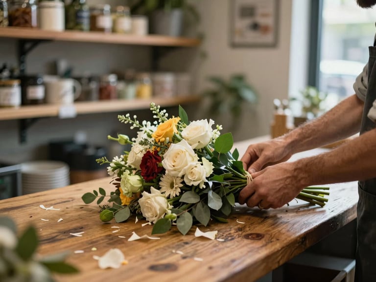 Florist's hands arranging a bouquet on a worn wooden counter, natural window light from the right, out-of-focus shop shelves in the background, loose petals scattered on the surface