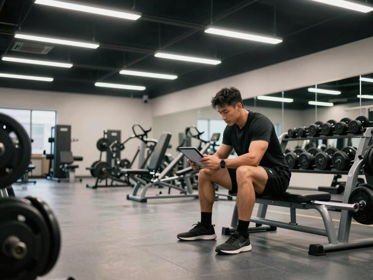 Wide shot of a fitness studio interior, a trainer reviewing a tablet near a rack of free weights, overhead fluorescent light, clean polished floor, no clients in frame — business-operational feel