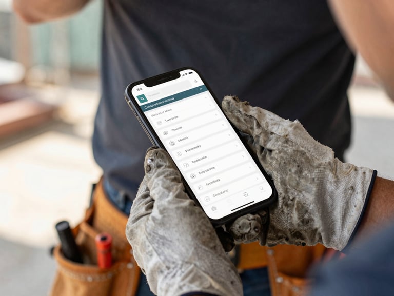 Close-up of a contractor's hands holding a phone showing a website contact form, worn work gloves partially removed, tool belt visible at waist, bright afternoon light on a construction site