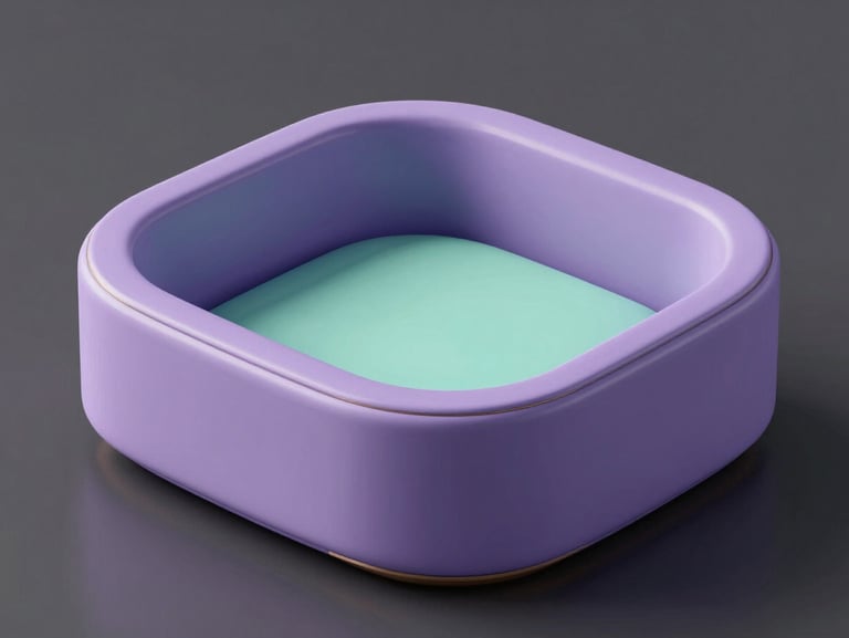 Orthographic close-up 3D render of a sleek cat bed shaped like a minimalist bounding box, matte lavender and mint finish with subtle metallic gold accents, soft studio light