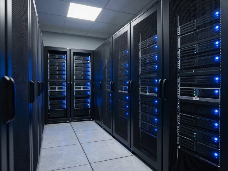 Wide shot of a clean, highly organized modern corporate server room with blue LED status lights, representing secure data infrastructure, cool tones