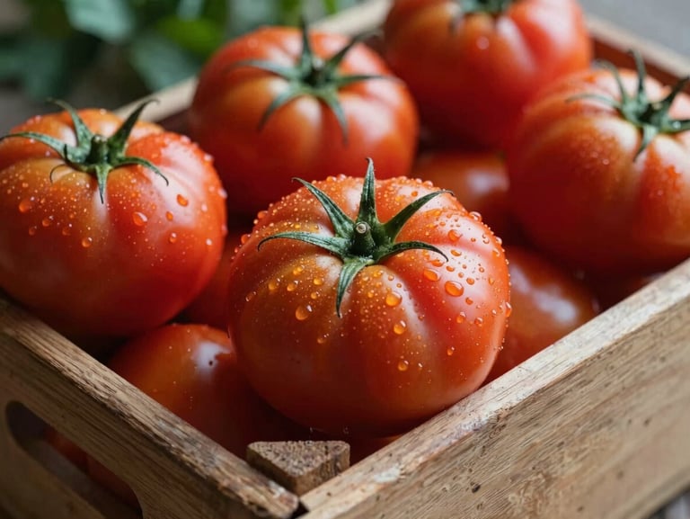Close-up of fresh morning harvest heirloom tomatoes with dew drops on a rustic wooden crate, natural side-lighting, rich crimson tones, shallow depth of field.