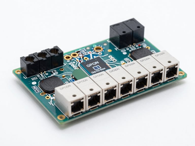 Detailed studio shot of a GPON OLT board, visible circuits and fiber connectors, cool neutral lighting