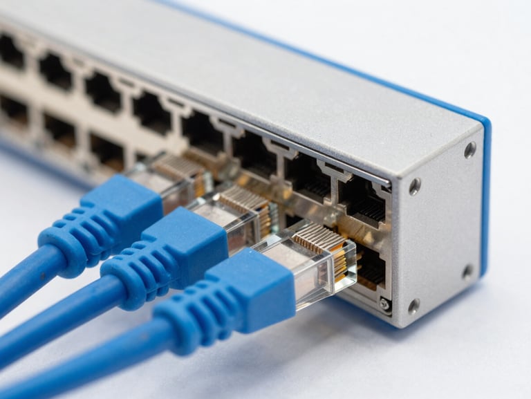 Macro shot of a high-density fiber optic switch, blue ethernet cables connected, sharp focus on ports