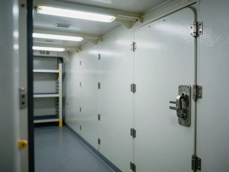 Cold storage room interior aboard a product tanker, insulated panel walls with sealed stainless hinges, industrial shelving units, low-temperature fluorescent lighting, heavy-duty door latch mechanism in foreground