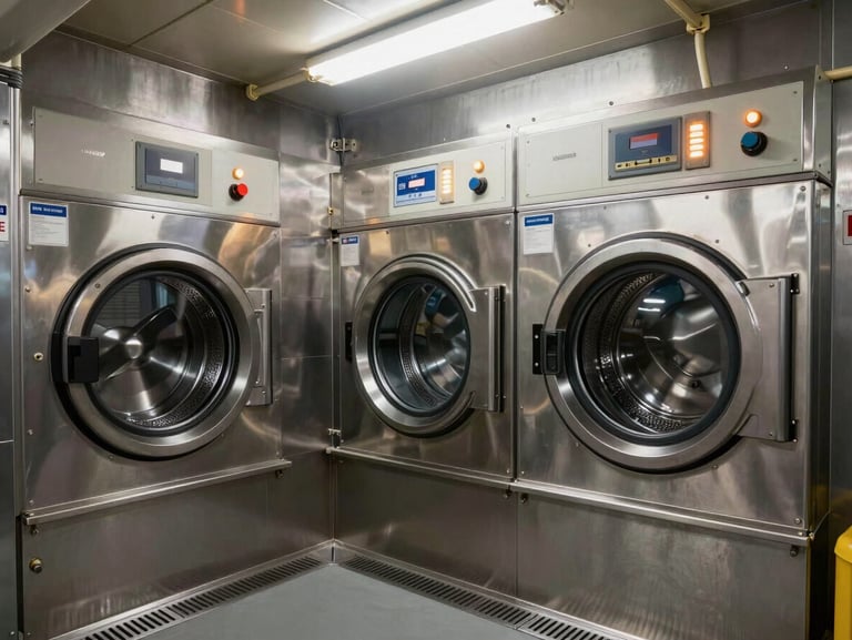Marine laundry room aboard a commercial vessel, front-load industrial washing machine and tumble dryer mounted on vibration-dampening brackets against a steel bulkhead, control panels lit under working fluorescent light, stainless steel drain tray visible at floor level