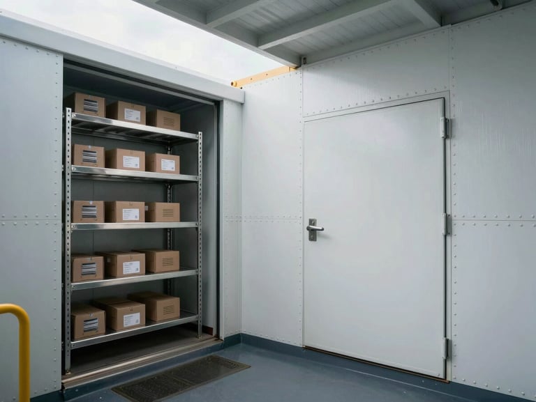 Modular cold storage room interior aboard a commercial vessel, insulated panel walls with marine-grade riveted joins, stainless steel shelving loaded with provision boxes, heavy-duty sealed door with recessed handle visible, overcast daylight from an open hatch above