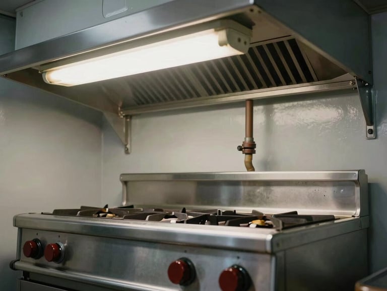 Close-up of marine galley stainless steel cooking range installed in a compact ship galley, overhead fluorescent working light, sealed gas connections and ventilation hood visible, utilitarian finish