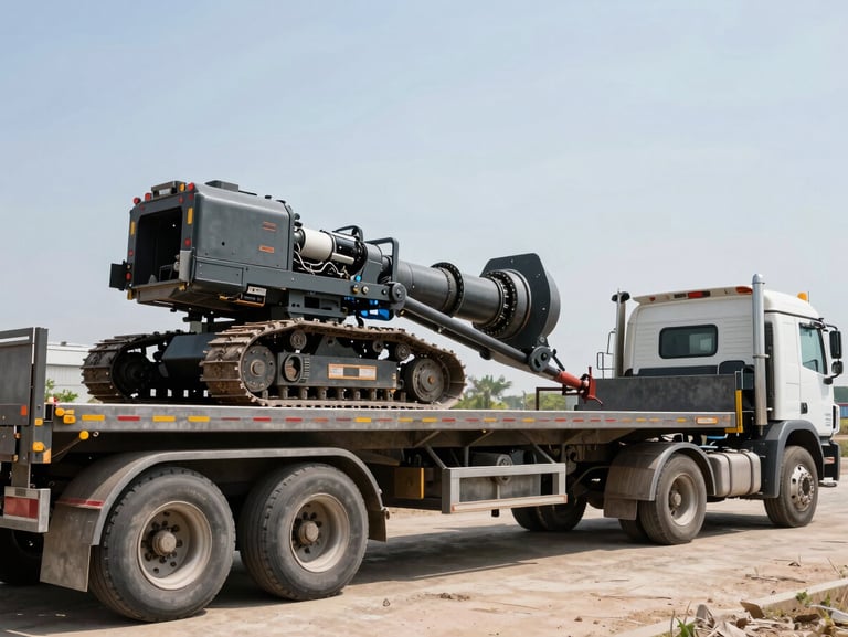 A long steel flatbed hauler trailer loaded with the tracked stump grinder, hitched to a heavy duty truck