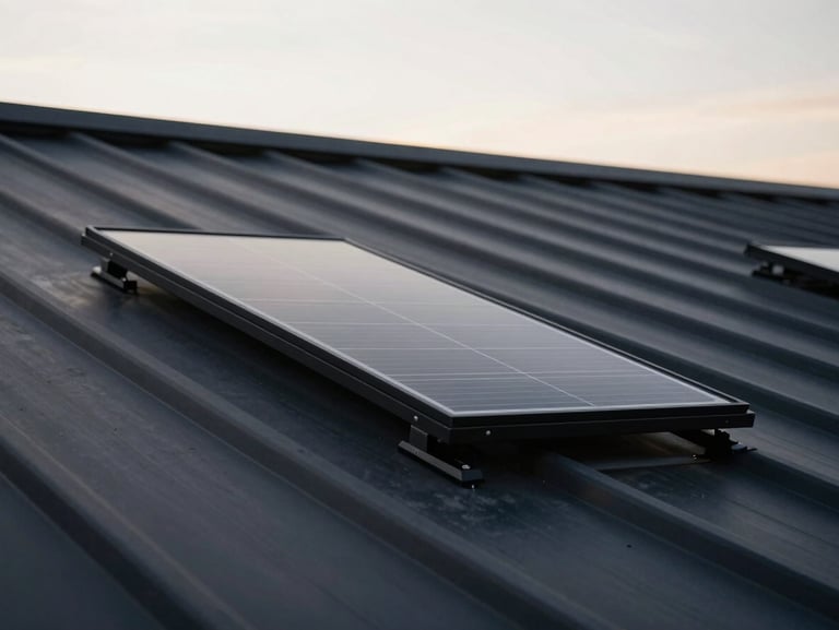 Close-up of matte-black solar hardware installed flawlessly on a dark metal roof, overcast daylight.