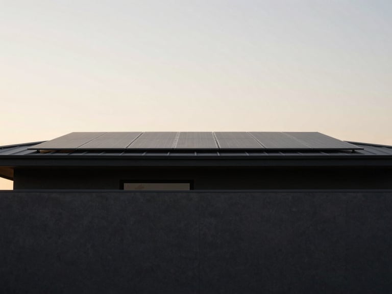 Minimalist modern home with a flat charcoal roofline integrated with flush solar panels, soft twilight lighting.