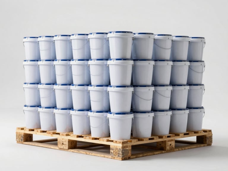 Pallets of industrial paint buckets stacked neatly inside a bright commercial warehouse, professional lighting