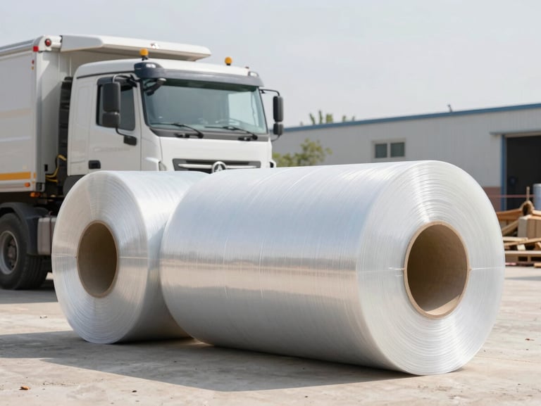 Heavy-duty truck unloading rolls of transparent polyethylene at a construction site, bright daylight, realistic industrial setting