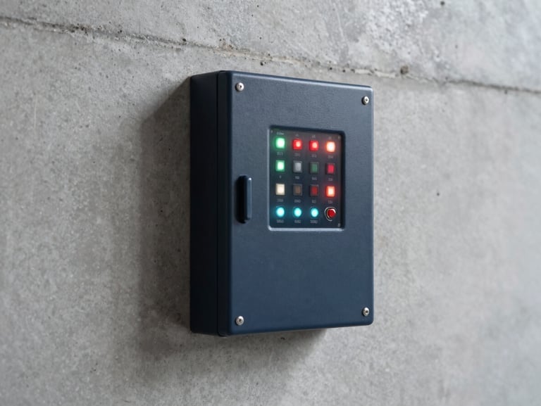 Industrial fire alarm control panel with illuminated status LEDs and clean wiring, mounted on a gray concrete wall