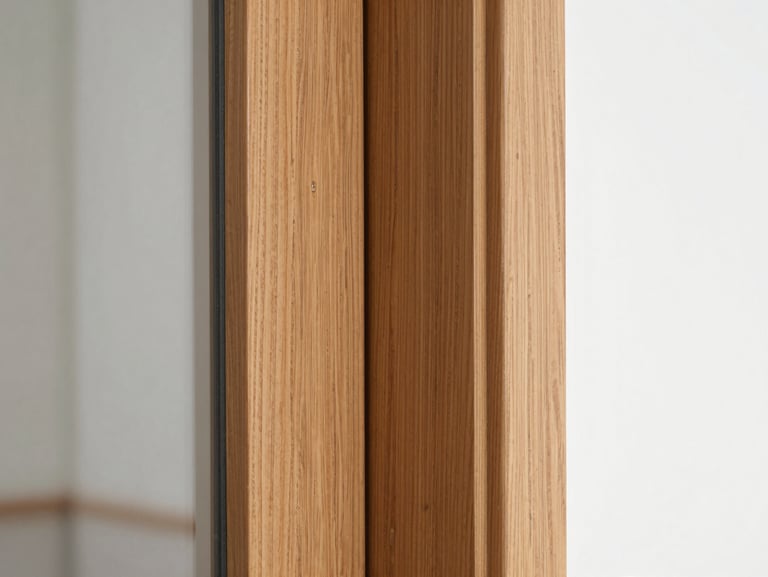 Close-up of a heavy-core timber exterior door frame, highlighting the rich oak grain and precise weather-stripping, natural daylight, 35mm