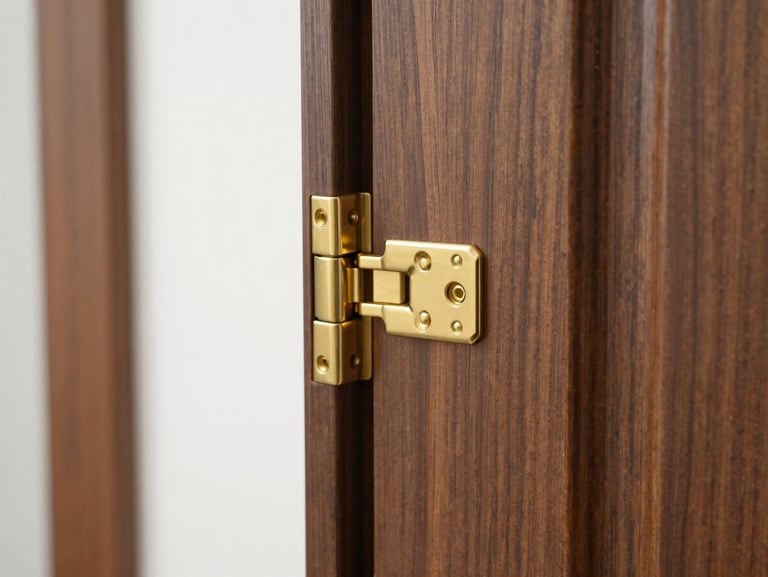 Macro photograph of a perfectly aligned solid brass hinge on a dark walnut interior door, clean modern lines, 35mm