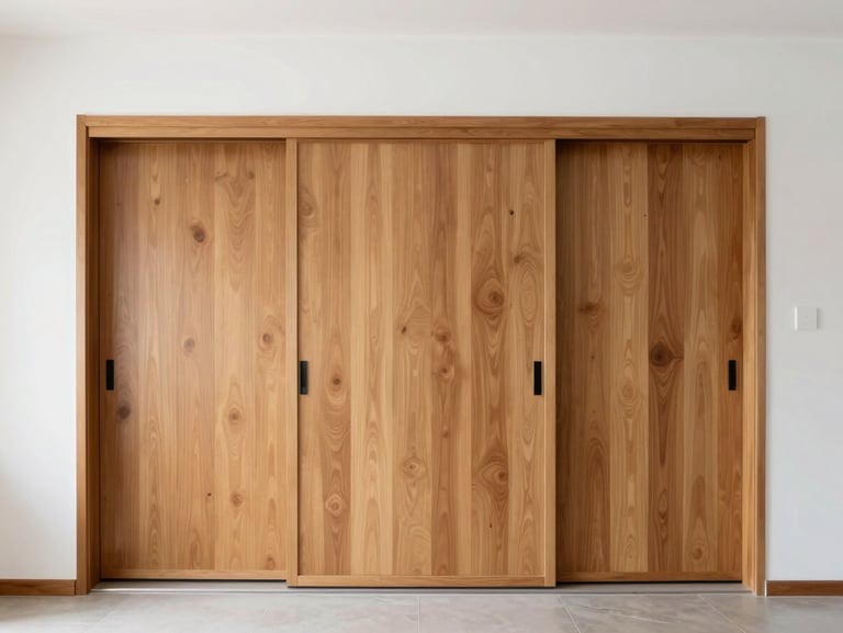 Straight-on architectural view of custom floor-to-ceiling wooden sliding doors in a minimalist room, bright natural light, 35mm