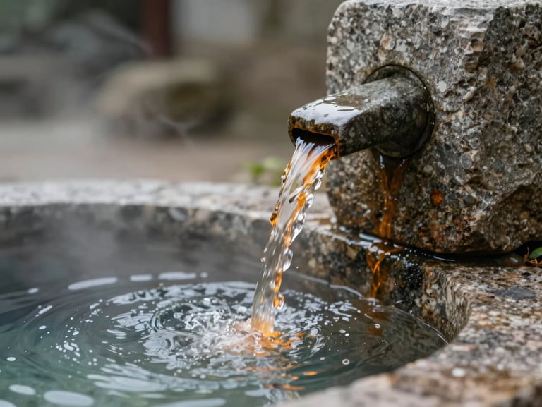 Close-up of warm thermal water pouring from a rustic stone spout into a granite pool, gentle steam rising under soft overcast light