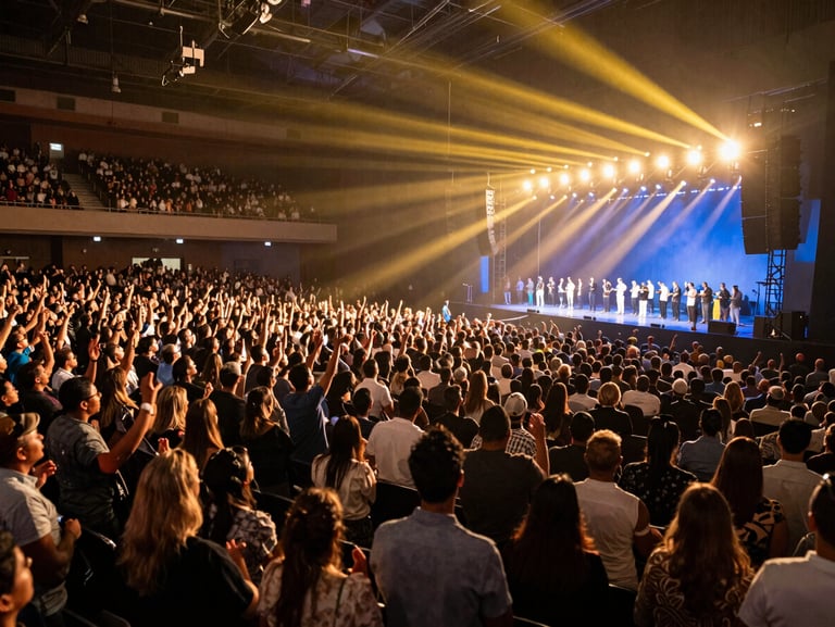 Massive vibrant worship stadium gathering, thousands of passionate believers, dramatic stage lighting and gold tones