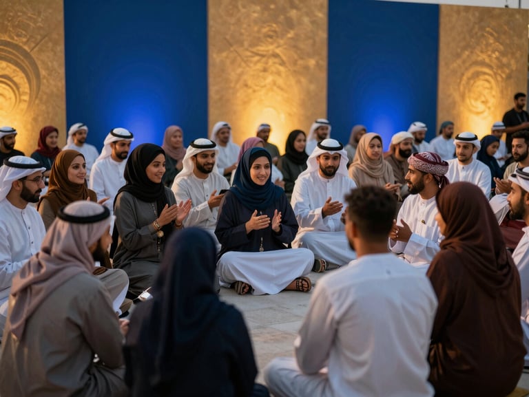 Warm modern community gathering in Dubai, diverse believers interacting warmly during fellowship, soft golden-hour light
