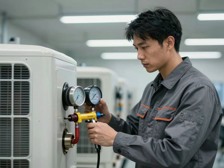 Medium-close shot of a focused HVAC technician in a slate gray uniform measuring pressure on a factory cooling unit under crisp office fluorescent lighting.