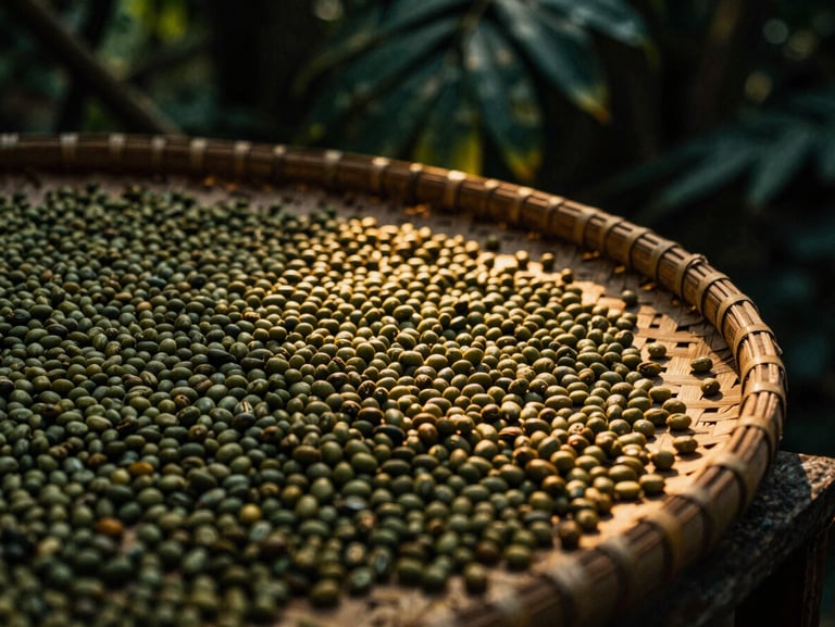 Macro shot of sun-drying green coffee beans on woven bamboo mats, warm golden hour light filtering through tropical leaves, showing deep textures.