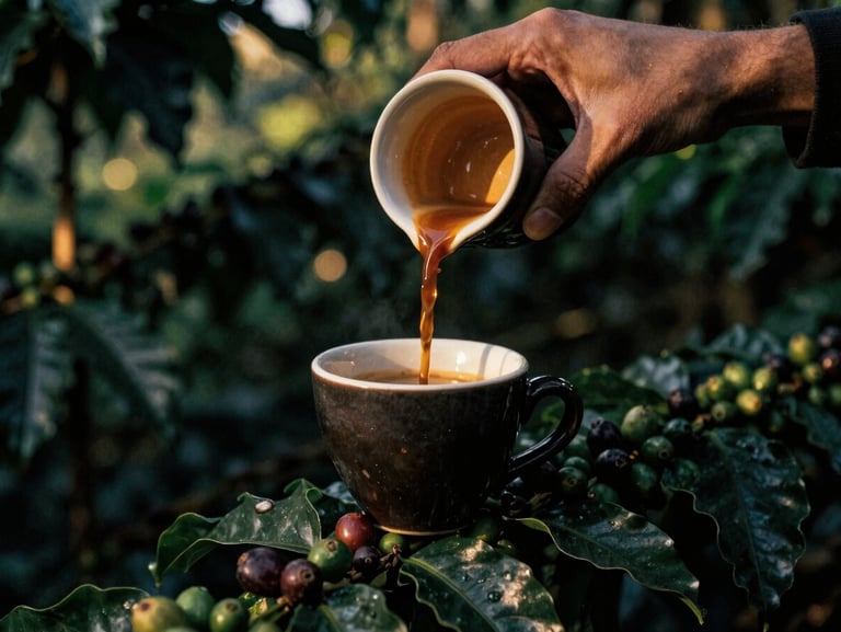 moody editorial photography, slow pour of espresso into a heavy dark ceramic cup, golden-hour light filtering through a coffee plantation canopy, 35mm film grain