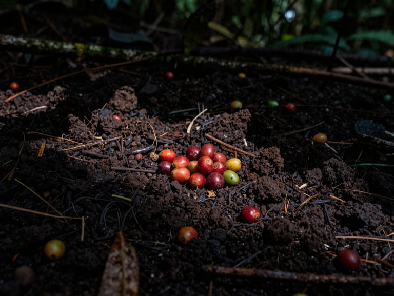 moody editorial photography, rich dark volcanic soil of North Sumatra with coffee cherries resting on the forest floor, deep shadows, low-key light