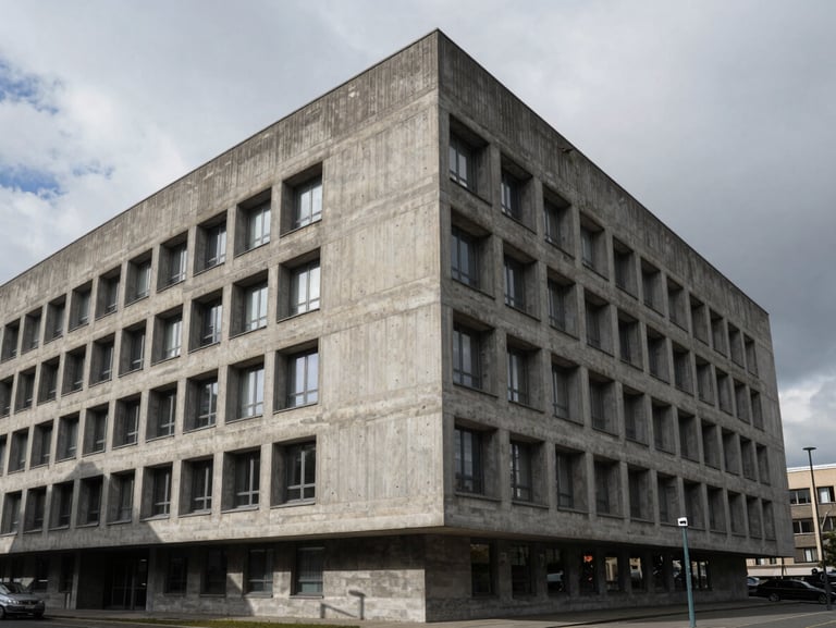 Wide isolating shot of a brutalist concrete university building in Europe, stark geometric shadows, overcast grey daylight, high-contrast textures.