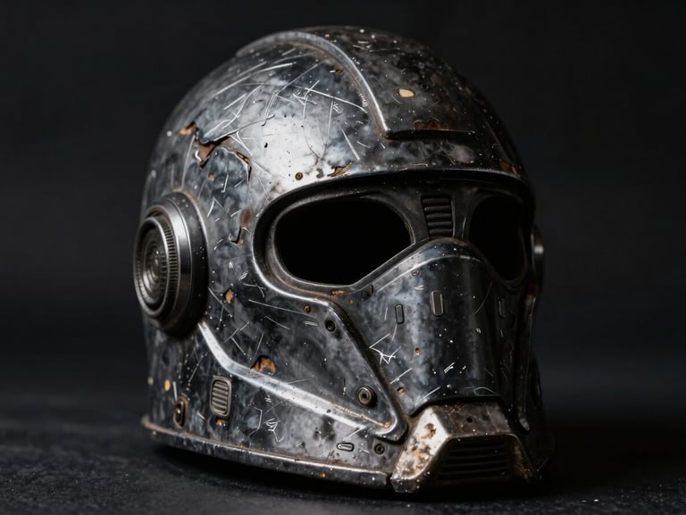 Macro dramatic product photography of a weathered sci-fi helmet prop with realistic metallic scratches and battle damage, low-key lighting, 35mm