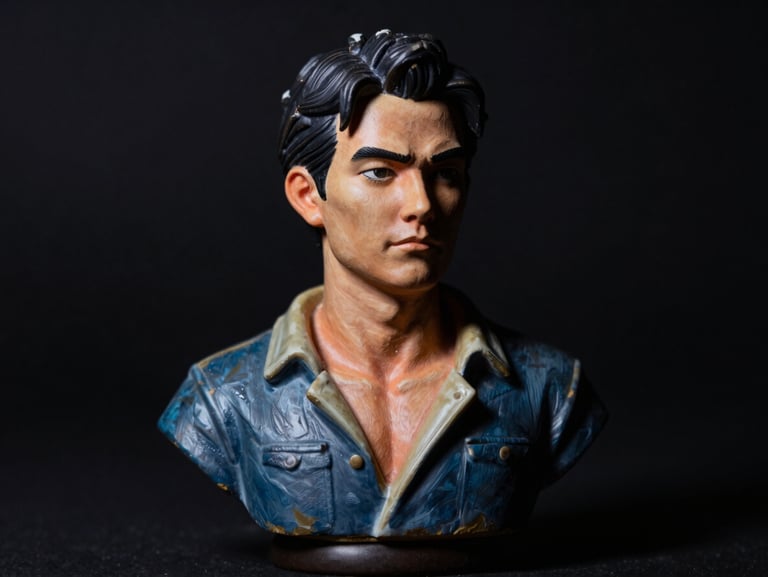 Macro dramatic portrait photography of a highly detailed hand-painted collectible figure bust, rich acrylic colors, strong shadows, 35mm