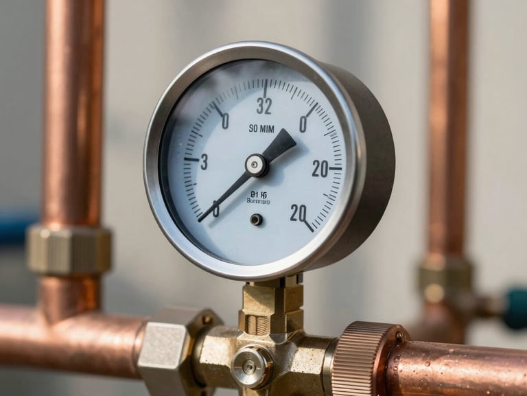 Close-up of a digital pressure gauge connected to copper gas pipes, showing precise pressure readings under bright daylight.