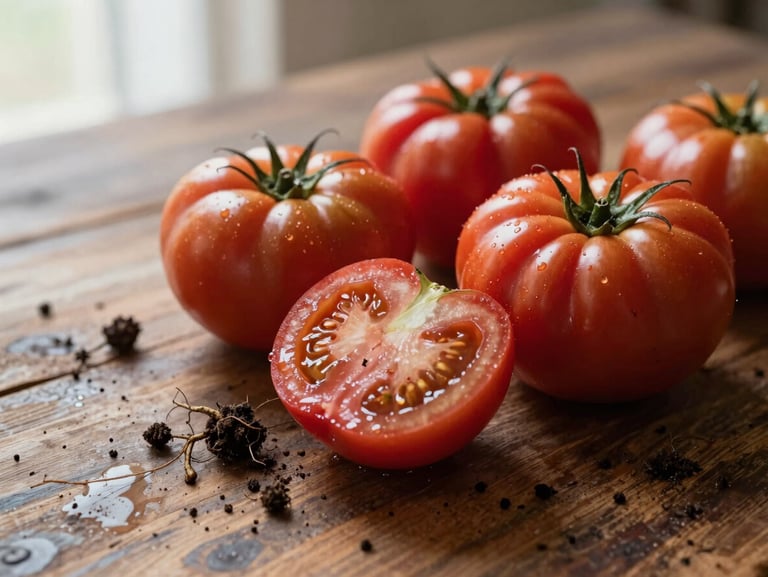 A rustic wooden table displaying freshly harvested heirloom tomatoes, wet soil clinging to roots, diffused morning light.