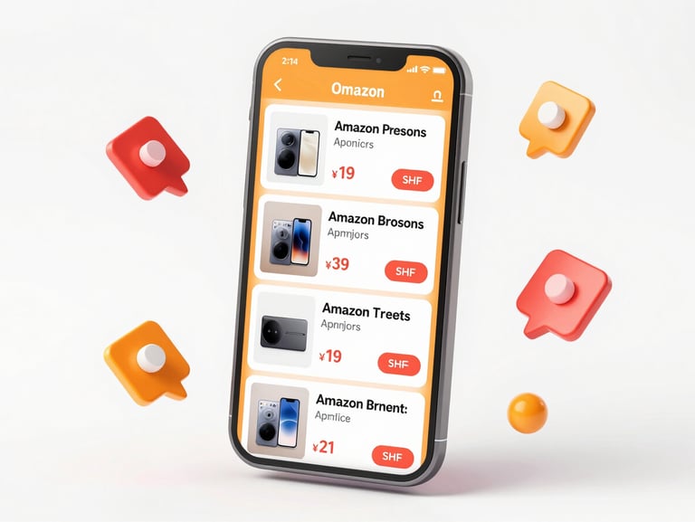 Bright 3D render of an optimized Amazon product listing, floating elements, orange and crimson accents, high conversion visual