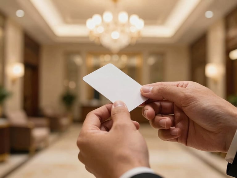 A close-up of hands professionally presenting a keycard in a luxury hotel lobby, warm lighting