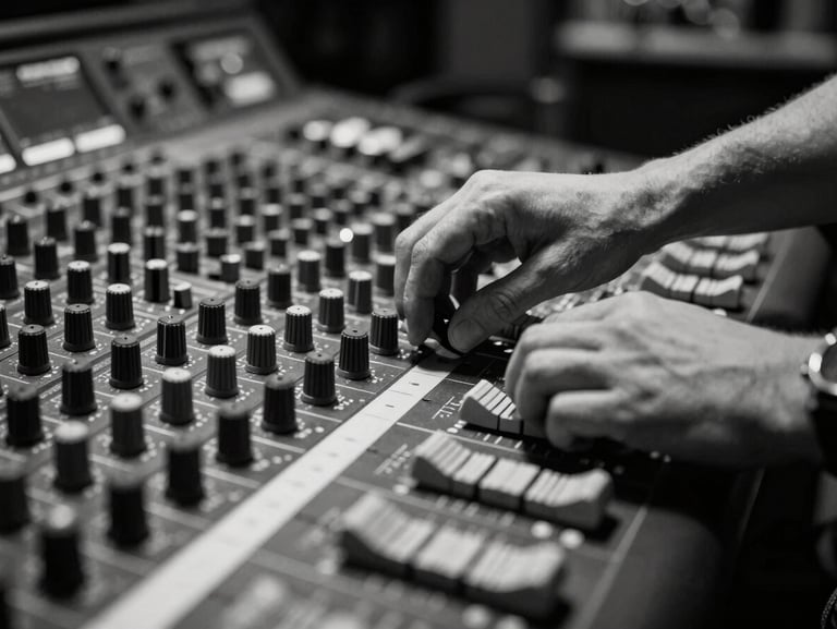 High-contrast black and white close-up of hands adjusting a professional audio mixing console in a Toronto recording studio, dramatic stage lighting.