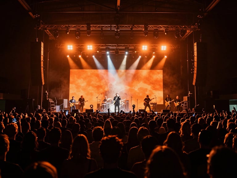 A packed music concert in Toronto, dramatic orange stage lights cutting through dark shadows, wide environmental shot